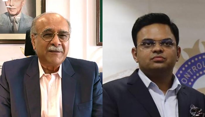 Pakistan Kriket Kurulu (PCB) Yönetim Komitesi Başkanı Najam Sethi (solda) ve Asya Kriket Konseyi (ACC) Başkanı Jay Shah.  — PCB/AFP/Dosya