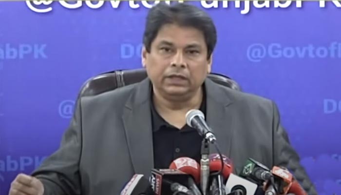 Punjab Interim Information Minister Amir Mir addresses press conference in Lahore, on May 17, 2023, in this still taken from a video. — YouTube/GeoNews