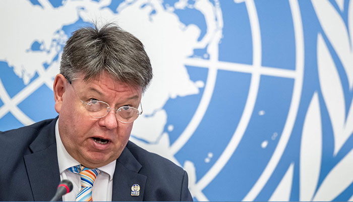 World Meteorological Organization (WMO) secretary-general Petteri Taalas speaks during a press conference launching its annual climate overview, in Geneva, on April 21, 2023. The world´s glaciers melted at dramatic speed last year and saving them is effectively a lost cause, the United Nations reported as climate change indicators once again hit record highs.—AFP