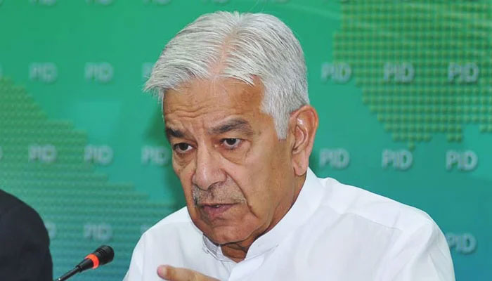 Minister for Defence Khawaja Asif addresses a press conference at the Press Information Department in Islamabad on July 21, 2022. — APP