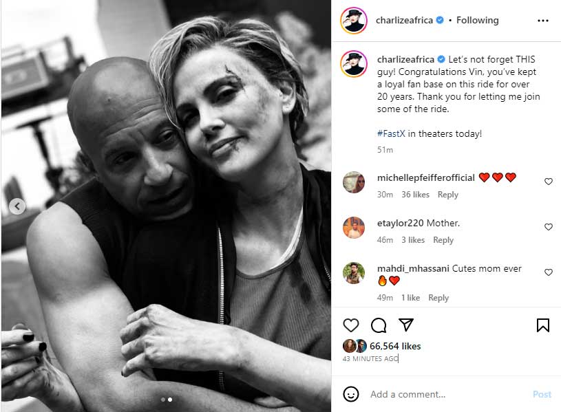 Charlize Theron extends gratitude to Vin Diesel after Fast X premier