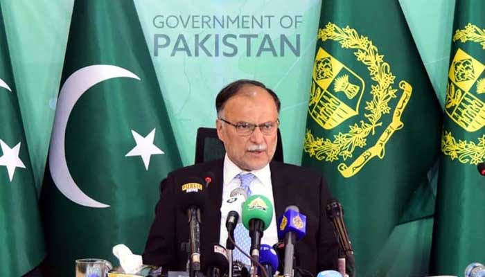 Minister for Planning, Development and Special Initiatives Ahsan Iqbal addresses a presser in Islamabad on May 10, 2023. — PPI
