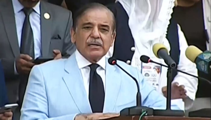 Prime Minister Shehbaz Sharif addressing the 34th National Games ceremony in Quetta on May 22, 2023, in this still taken from a video. — YouTube/PTVNewsLive