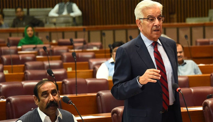 Defence Minister Khawaja Asif is addressing the National Assembly session on May 16, 2023. — Twitter/@NAofPakistan