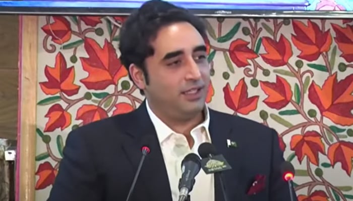 Foreign Minister Bilawal Bhutto-Zardari addresses the Azad Jammu and Kashmir Legislative Assembly on May 22, 2023, in this still taken from a video. — YouTube/GeoNews