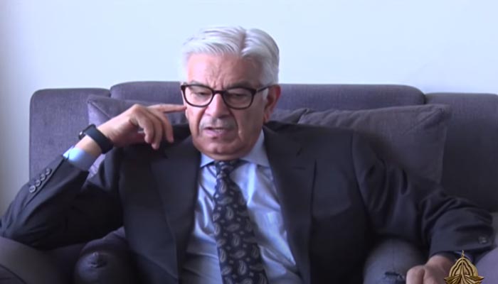 Defence Minister Khawaja Asif addresses a presser in Islamabad on May 24, 2023, in this still taken from a video. — YouTube/PTV News Live