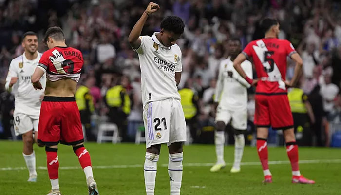 Real Madrids Rodrygo gestures in tribute for his teammate Vinicius Junior after scoring. marca.com