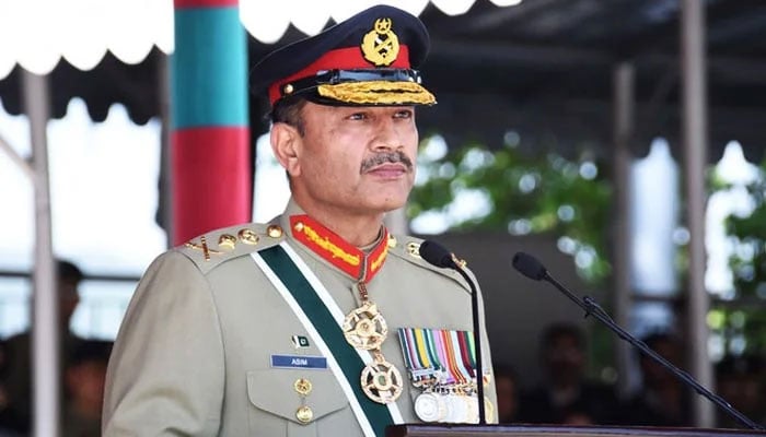 Chief of Army Staff General Asim Munir delivers a speech at the passing out parade of the 147th long course of the Pakistan Army at the military academy in Kakul, on April 29, 2023. — ISPR