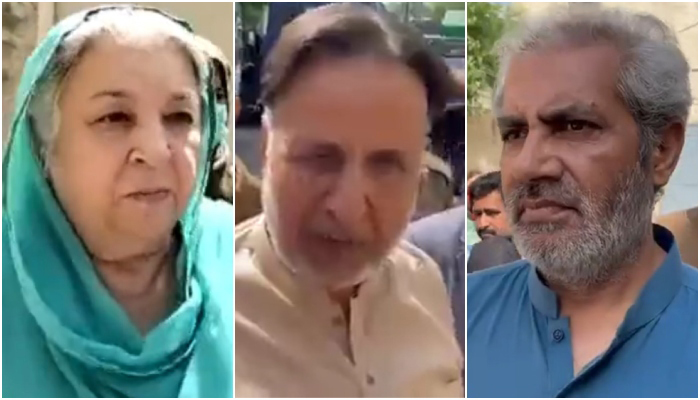 (From left to right) PTI leaders — Yasmin Rashid, Mian Mehmoodur Rasheed, and Omar Sarfaraz Cheema — can be seen in this collage, on May 25, 2023, in these stills taken from different videos. — Twitter/@PTI/@ABCNewsUrdu