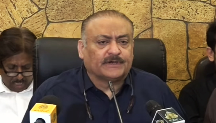 Minister of National Health Services, Regulations and Coordination Abdul Qadir Patel speaking during a press conference on May 26, 2023, in this still taken from a video. — YouTube/GeoNews