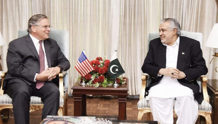 In meeting with US envoy, Dar assures completing IMF programme