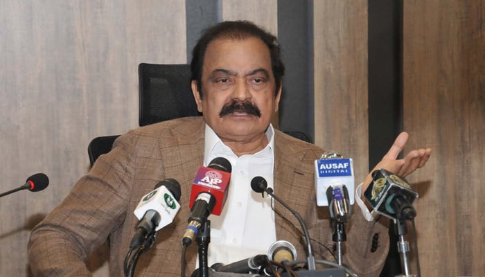 Interior Minister Rana Sanaullah addresses a press conference at the PTV Headquarters in Islamabad on August 21, 2022. — APP