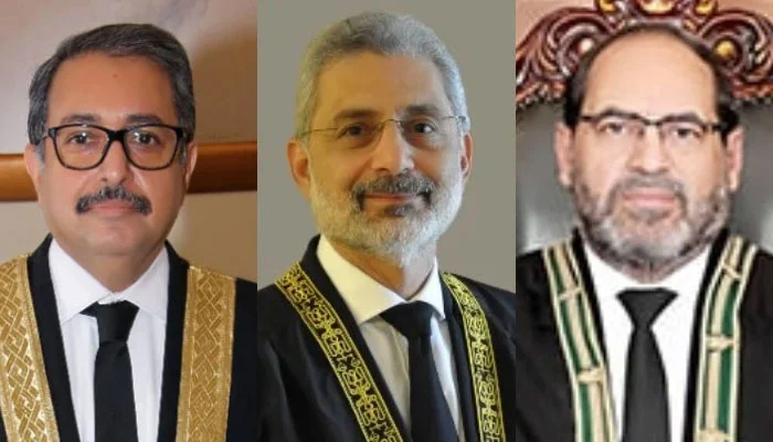 Justice Aamer Farooq (left) Justice Qazi Faez Isa, and Justice Naeem Akhtar Afghan (right). —official websites