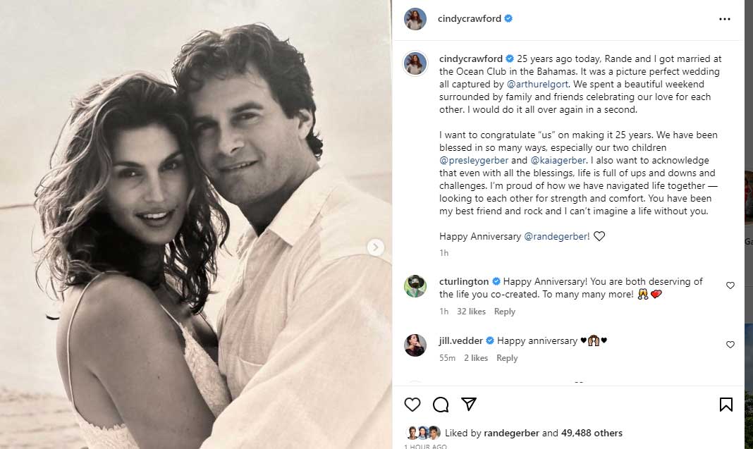 Cindy Crawford says she is proud of how she navigated life with husband