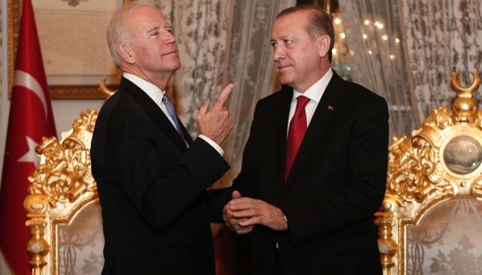 Then-US Vice President Joe Biden gestures at a meeting with Turkish President Recep Tayyip Erdogan at Yildiz Palace in Istanbul on Jan. 23, 2016. AFP
