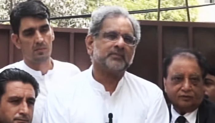 PML-Ns leader Shahid Khaqan Abbasi speaking to media in Karachi, on May 30, 2023, in this still taken from a video. — Geo News