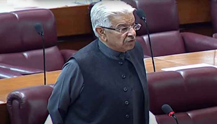 Defence Minister Khawaja Asif speaking in the National Assembly in this undated photo. —Screengrab/GeoNews