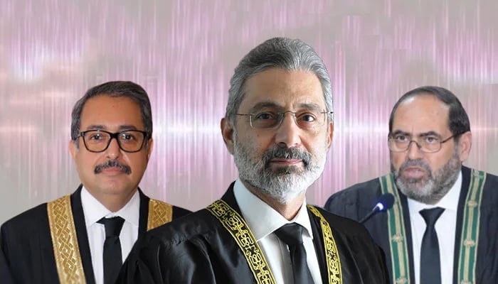 A combo of Justice Qazi Faez Isa (centre), IHC Chief Justice Aamer Farooq (left) and Balochistan High Court Chief Justice Naeem Akhtar Afghan (right). — SC/IHC/BHC/File