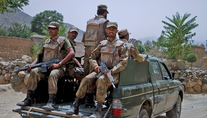 Army personnel patrol in a military vehicle. — ISPR/FIle