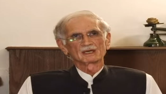 Pervez Khattak is speaking during the press conference in Islamabad on June 1, 2023, in this still taken from the video. — YouTube/GeoNews