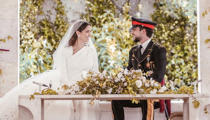 Crown Prince of Jordan Al Hussein bin Abdullah II weds Saudi citizen Rajwa Al-Saif on Thursday at Zahran Palace in Amman on Thursday, June 1, 2023. — Twitter/@CoutureRoyals