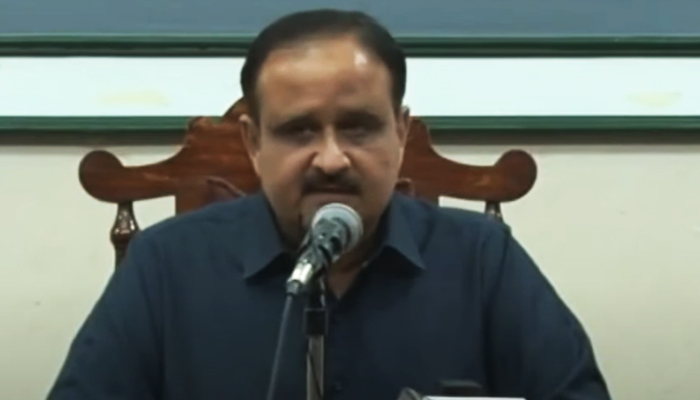 Punjab former chief minister Usman Buzdar addresses a press conference in Lahore, on June 2, 2023, in this still taken from a video. — YouTube/GeoNews