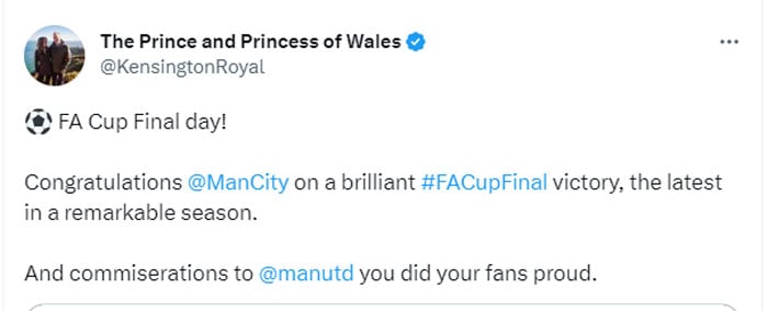 Prince William congratulates Manchester City on ‘brilliant’ FA Cup final victory