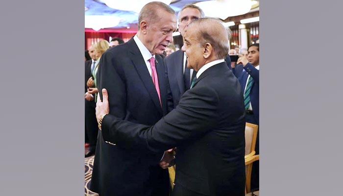 Prime Minister Shehbaz Sharif greets Turkish President Recep Tayyip Erdogan at his inauguration ceremony in Ankara on June 3, 2023. — APP