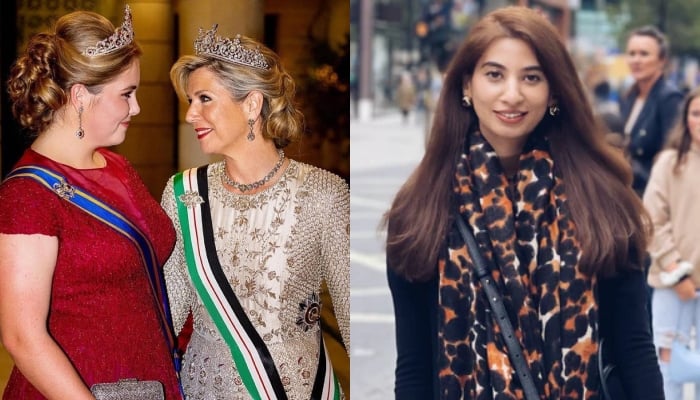 Queen Maxima of the Netherlands (left) wearing Pakistani fashion designer Mahpara Khans (right) dress at Jordans Crown Prince Hussein bin Abdullahs wedding. — Instagram//www.mahparakhan.com