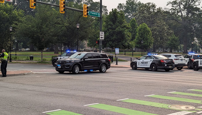 Heavy police presence in Richmond, Virginia at Monroe Park after a mass shooting at a graduation ceremony on June 6, 2023. — Twitter/GoadGatsby