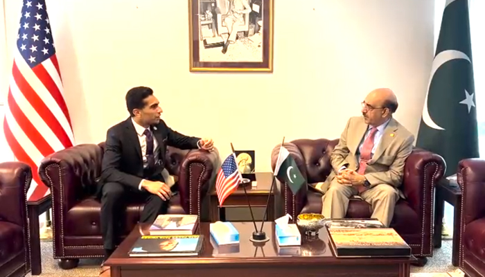 A still taken from a video as Texas House of Representatives member Salman Bhojani (Left) meets with Masood Khan at the Pakistan Embassy in US, Washington on June 8, 2023. — Twitter/@RadioPakistan