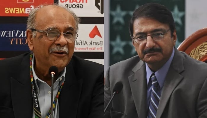 PCB Management Committee Chairman Najam Sethi (left) and Ex-PCB chief Zaka Ashraf. — AFP/Files