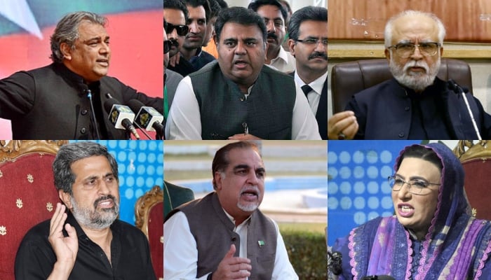 (Left to right from top) Former PTI leaders Ali Zaidi, Fawad Chaudhry, Mahmood Maulvi, Fayyaz ul Hassan Chohan, Imran Ismail Firdous and Ashiq Awan. — AFP/INP/Online/APP/Files