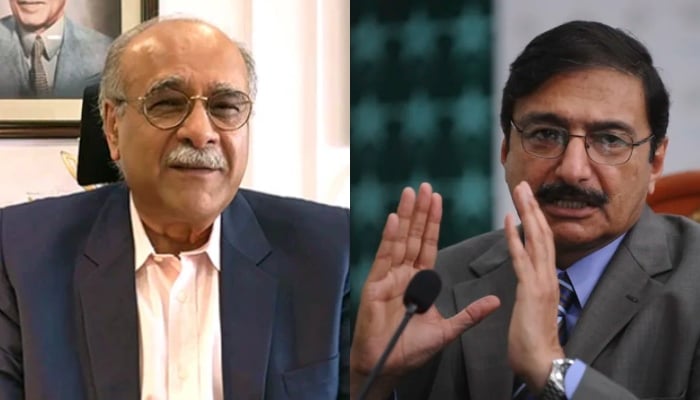 PCB Management Committee Chairman Najam Sethi and former PCB chief Zaka Ashraf. — PCB/AFP/File