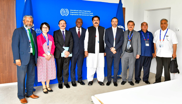 Minister for Overseas Pakistanis Sajid Hussain Toori (Centre), DG ILO A Gilbert F Hungbu, JS OP&HRD Wishaq and Secretary WWF Zulfiqar Ahmad. — OPHRD