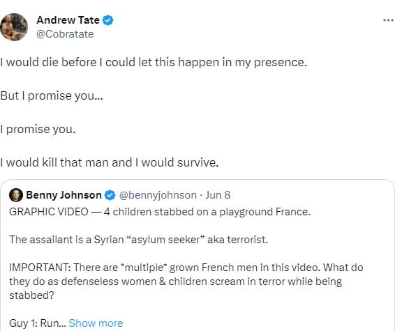 Andrew Tate says he will kill France knife attacker