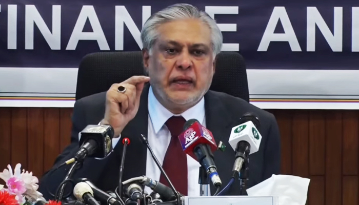 Finance Minister Ishaq Dar addressing the post-budget press conference in Islamabad, on June 10, 2023, in this still taken from a video. — YouTube/GeoNews