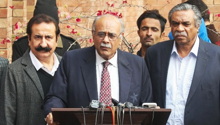 PCB Management Committee Chairman Najam Sethi addressing a press conference in Lahore. — PCB/File