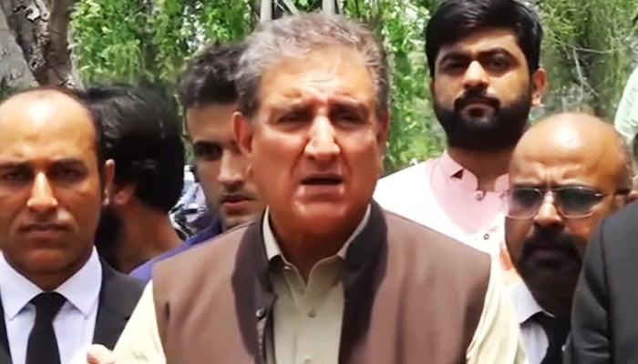 PTI Vice Chairman Shah Mahmood Qureshi speaks with the media in Lahore on June 10, 2023, in this still taken from a video. — Geo News