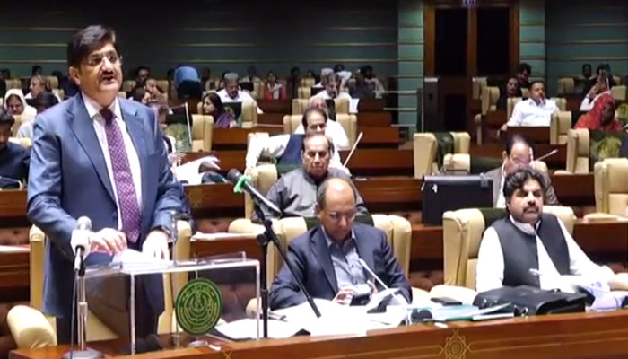 Sindh Chief Minister Murad Ali Shah presenting the provincial budget for fiscal year 2023-24 on June 10, 2023. — Twitter/@SindhCMHouse