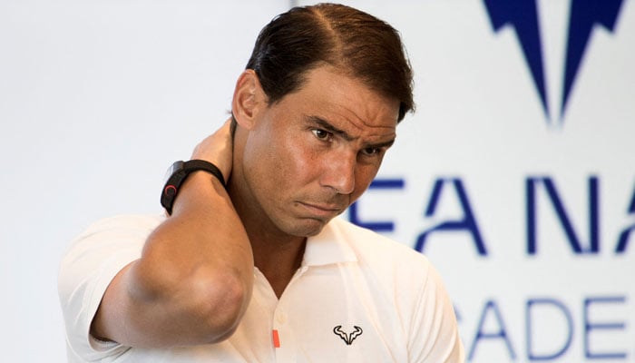 Spanish tennis player Rafael Nadal gestures during a press conference to announce he will not compete in the French Open, at the Rafa Nadal Academy in Manacor, on the Spanish Balearic Island of Mallorca, on May 18, 2023. —AFP