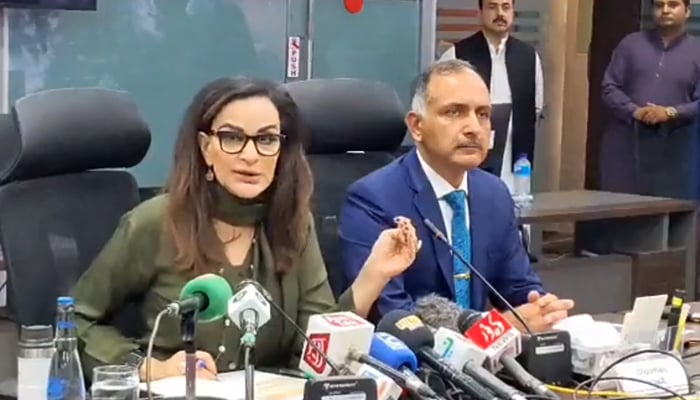 In this still taken from a video, Climate Change Minister Sherry Rehman addresses a press conference on June 15, 2023. — Twitter/@sherryrehman