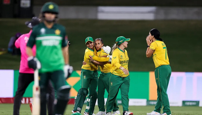 Team South Africa celebrates after dismissing a Pakistan batter in the Womens Cricket World Cup match at Bay Oval in New Zealand on Friday, March 11, 2022. — ICC