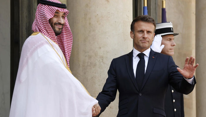 \Crown Prince Mohammed bin Salman arrives at Élysée Palace and was received by French President Emmanuel Macron on Friday, June 16, 2023. — AFP