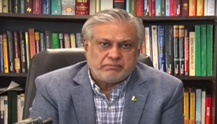 Finance Minister Ishaq Dar speaking during a press conference on Saturday, June 17, 2023, in this still taken from a video. — YouTube/Geo News