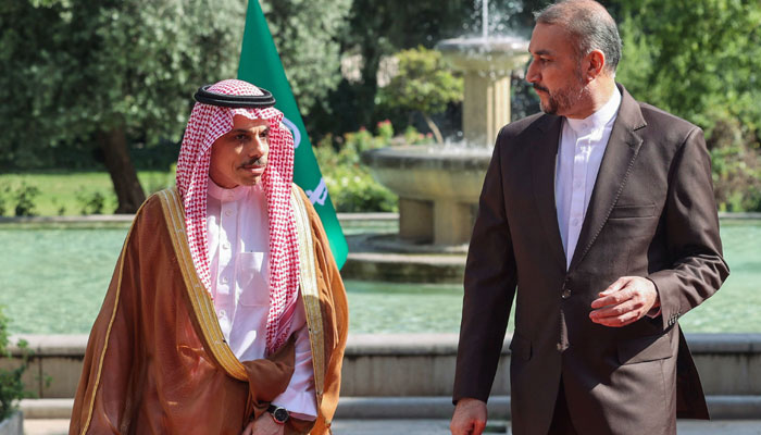 Iranian Foreign Minister Hossein Amir-Abdollahian (Right) welcomes his Saudi counterpart Faisal bin Farhan in Tehran, on June 17, 2023. — AFP