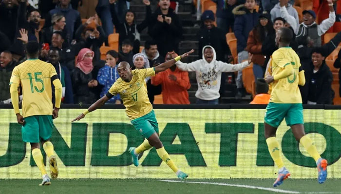 Zakhele Lepasa (C) celebrates scoring for South Africa against Morocco in an Africa Cup of Nations qualifier in Johannesburg on Saturday. news.yahoo.com/