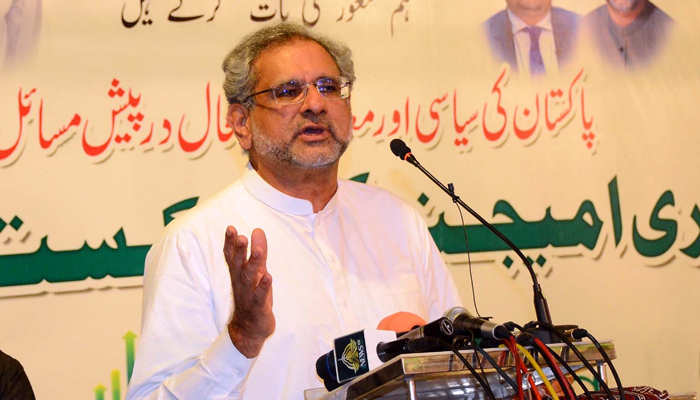 Former prime minister Shahid Khaqan Abbasi addresses gathering during a Reimaging Pakistan program held in Hyderabad on Monday, June 12, 2023. — PPI