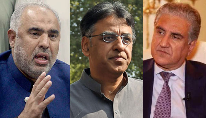 (From left to right) Pakistan Tehreek-e-Insaf leaders Asad Qaiser, Asad Umar and Shah Mahmood Qureshi. —AFP/APP/File