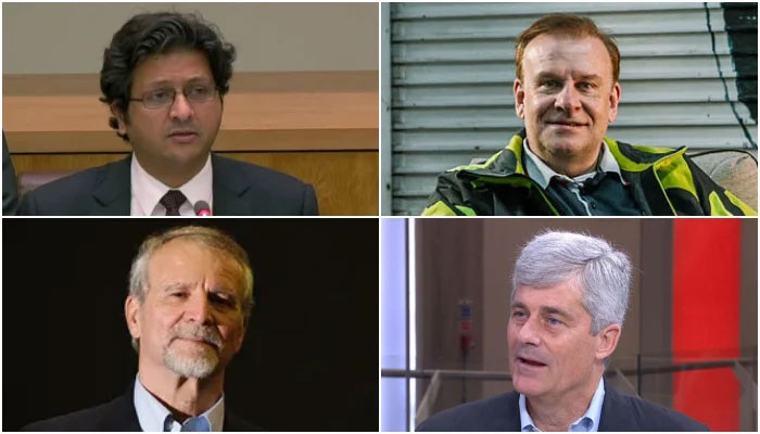 (Clockwise) Engro Board of Directors Vice Chairman Shahzada Dawood, Action Aviation Chairman Hamish Harding, French submersible pilot Paul-Henry Nargeolet, and OceanGate CEO and Founder Stockton Rush. — Engro/@TitanicNewYork/Paul-Henry Nargeolet/SkyNews